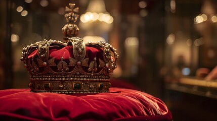 Royal crown on red cushion  - obrazy, fototapety, plakaty