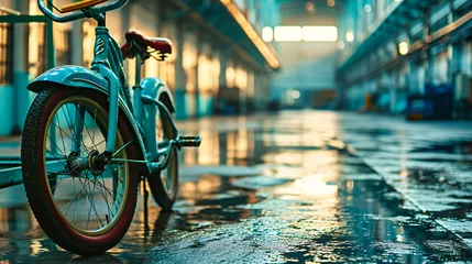 Papier Peint photo autocollant Vélo Bicycle on a Rainy Street: Vintage Transportation in an Urban Environment