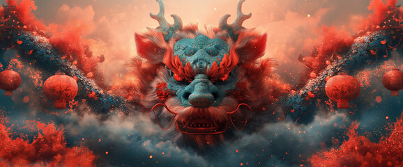 Chinese zodiac dragon with contemporary digital vectors for a festive and dynamic composition - obrazy, fototapety, plakaty