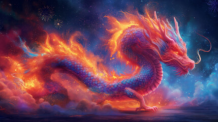 vibrant scene of a traditional Chinese dragon dance accompanied by a spectacular fireworks display.