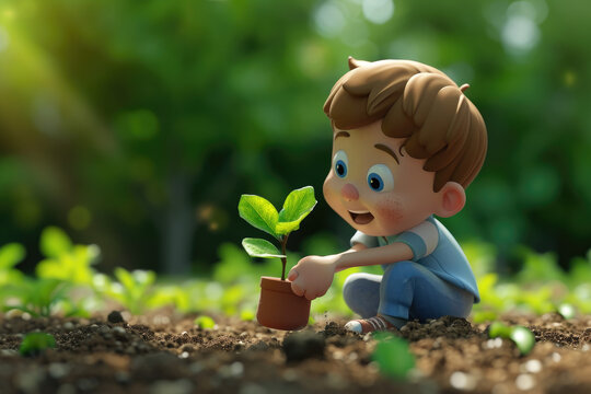 3d cute cartoon kid holding a plant pot and planting a small plant in a nature garden for the environment