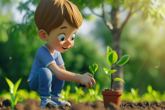 3d cute cartoon kid holding a plant pot and planting a small plant in a nature garden for the environment