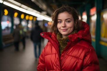 Portrait of a merry woman in her 40s sporting a quilted insulated jacket against a bustling city subway background. AI Generation