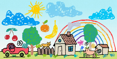 Obraz na płótnie Canvas Kids Coloring Set with Crayons. Crayon children drawn house, bird, cat, tree, sun, car, ship isolated on white. Childs drawn colorful pastel chalk vector design elements. Kids painting objects set.
