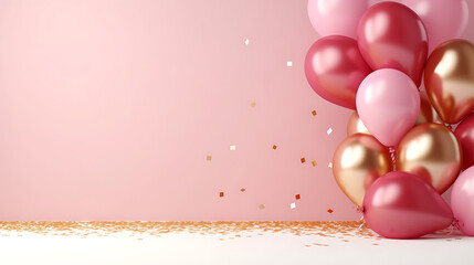 Birthday background with pink balloons confetti and streamers, Balloons Rose Gold on pink background, birthday banner, Festive pink background with copy space., AI generated