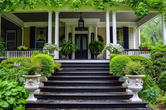 a beautiful house with black porch steps and green landscaping