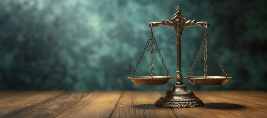 A scale with justice of law and balance of law on wooden background - obrazy, fototapety, plakaty