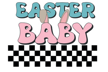 Happy Easter Bunny trendy groovy design. Funny Easter Ears, Easter Egg Hunt. Cute seated mascot with bunny ears. The concept of a spring holiday in a cartoon style of the 60s in the retro style