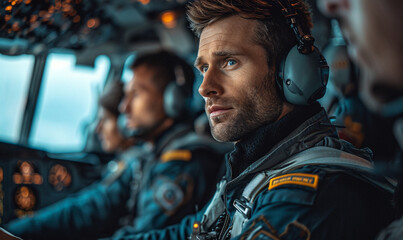 Pilot team conducting a pre-flight in the cockpit.