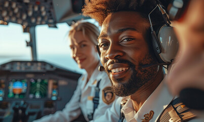 Obraz premium Pilot team conducting a pre-flight in the cockpit.
