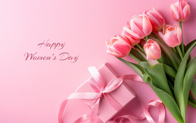 Bouquet of pink tulips on a pink background with a gift box with text "Happy Women's Day". Design template for gift on Women's Day with place for text, copyspace