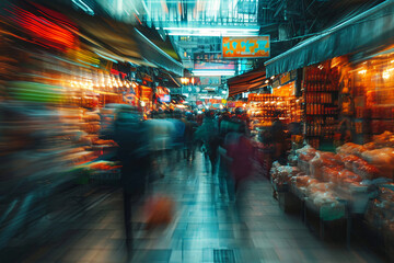 Hectic motion blur photo of a market - obrazy, fototapety, plakaty