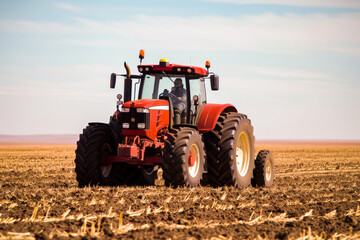 A red tractor plows the field, preparing the land for sowing crops during a bright day on a farm.