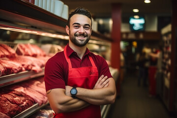 Fototapeta premium Man butcher working with raw meat in modern meat shop,ai generated