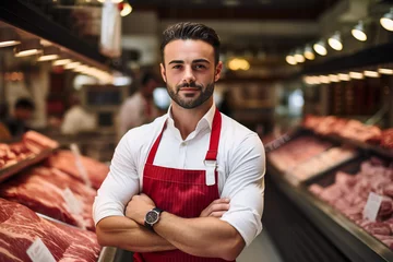 Fotobehang Portrait of a happy young butcher in a modern meat shop.ai generated © Veronica