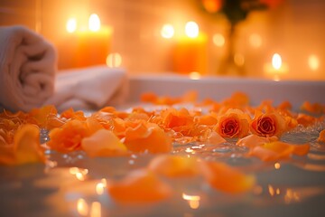 A luxurious spa bath filled with floating rose petals and surrounded by warm candlelight, inviting relaxation.