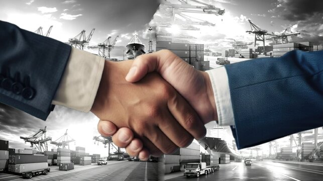 Double Exposure of a businessman handshake with partner connection of Container Cargo freight ship for Logistic Import Export background.
