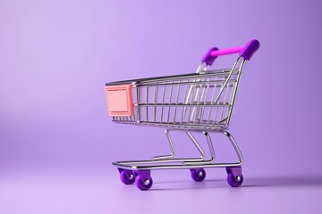 Empty shopping cart, trolley on purple background. supermarket trolley, promotion, sale symbol.