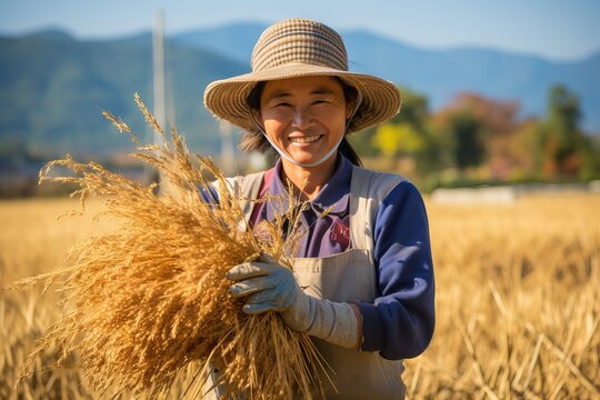 A Women farmer growing rice photorealistic wears washcloths gloves and a hat and smiles in harvest day