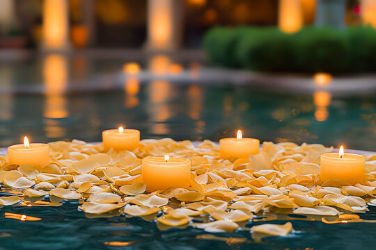 Floating candles and rose petals on water creating a peaceful and romantic ambiance for events or relaxation.