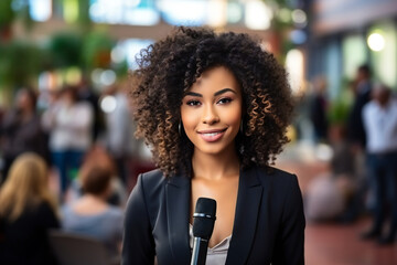African female news reporter in live broadcasting,ai generated - obrazy, fototapety, plakaty