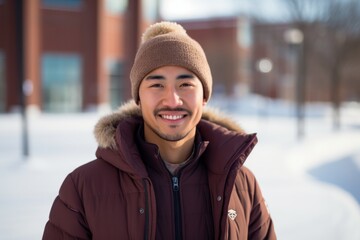 Portrait of a tender asian man in his 30s dressed in a warm ski hat against a modern university campus background. AI Generation