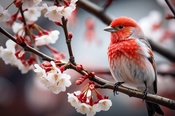red cardinal on a spring blooming branch,ai generated
