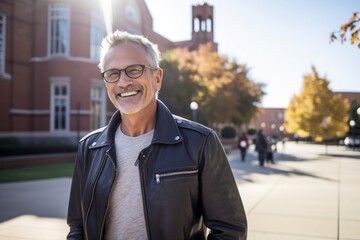 Portrait of a blissful man in his 50s sporting a classic leather jacket against a modern university campus background. AI Generation - obrazy, fototapety, plakaty