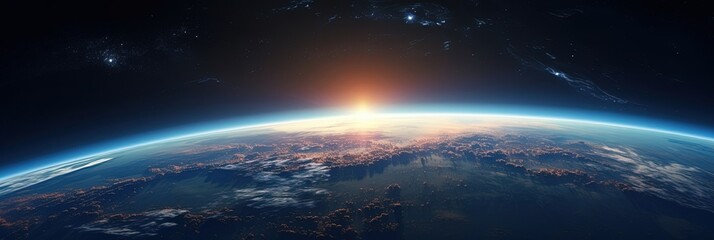 Sun rising on the Earth's horizon, wide view from space
