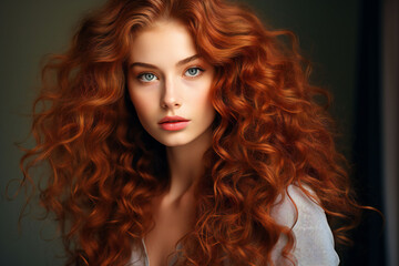 Fototapeta premium A beautiful model girl with red curly hair,ai generated