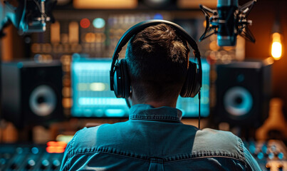 A radio announcer in a studio, wearing headphones and speaking into a high-quality microphone