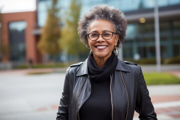 Portrait of a happy afro-american woman in her 70s sporting a stylish leather blazer against a modern university campus background. AI Generation
