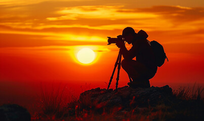silhouette of a photographer capturing the golden hour, with camera in hand.
