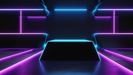 Futuristic Sci-Fi Abstract Blue And Purple Neon Light Shapes On Black Background And Reflective Concrete With Empty Space For Text 3D.  generative, ai.