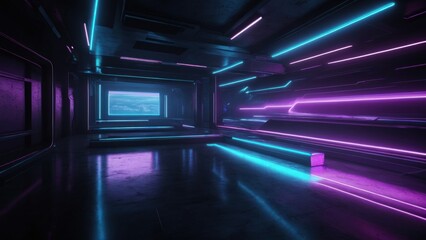 Futuristic Sci-Fi Abstract Blue And Purple Neon Light Shapes On Black Background And Reflective Concrete With Empty Space For Text 3D.  generative, ai.