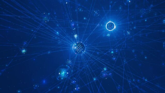 Flying through Complex AI Network with Large amount of Connected Nodes and Parameters. Concept: Artificial Intelligence, Chatbot, Deep Learning, Machine Learning and Large Language Model Visualization