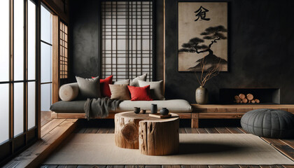 Wood log coffee table near rustic sofa with red cushion and grey and beige pillows against black wall. Japandi home interior design of modern living room with fireplace. Generative AI	
