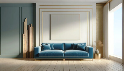 Blue velvet pastel sofa in room with walls with wooden decor. Scandinavian home interior design of modern living room. Stylish apartment. Generative AI	