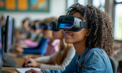 Students using VR technology in the classroom. - obrazy, fototapety, plakaty
