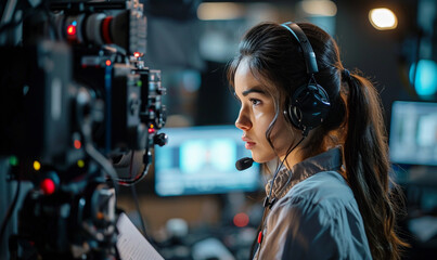 A behind-the-scenes shot of a television announcer preparing for a live broadcast, reviewing scripts