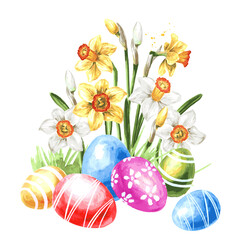 Easter colored eggs and spring flowers. Hand drawn watercolor illustration isolated on white background 