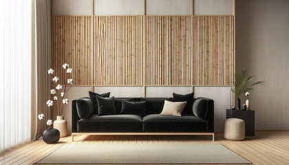 Interior of a chic urban apartment living loom with vertical wooden slats, plush black sofa. Vase with cotton decor. Japandi design. Generative AI