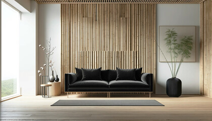 Modern Minimalist Living Room Interior with Elegant velvet black Sofa and Decorative Vases with wooden bamboo panel wall. Japandi interior. Generative AI