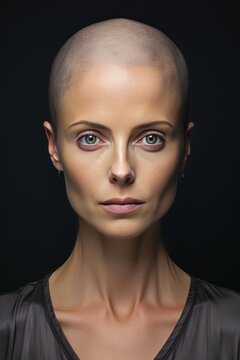 Portrait of a bald young woman on a dark background, close-up. A woman's head without hair. The consequences of the disease