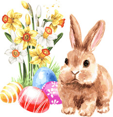 Colored Easter eggs, spring flowers and little rabbit, Hand drawn watercolor illustration isolated on white background