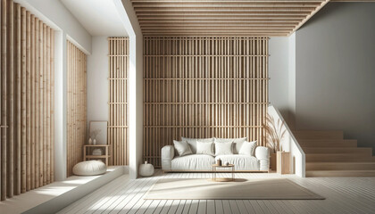 Interior of a urban apartment living loom with vertical wooden slats, plush white sofa. Vase with cotton decor. Japandi design. Generative AI