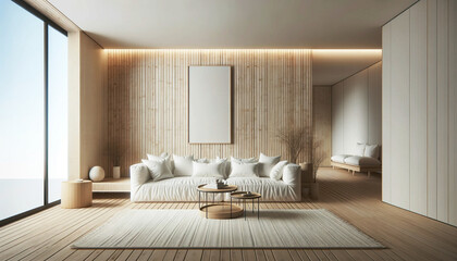 Interior of a urban apartment living loom with vertical wooden slats, plush white sofa. Vase with cotton decor. Empty wooden poster frame mokup. Japandi design. Generative AI