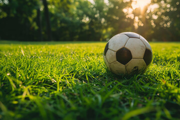 Fototapeta premium Professional FIFA Size 5 soccer ball, stadium turf, goal in distance background. generative AI