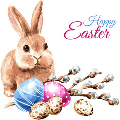 Colored Easter eggs , spring flowers and little rabbit, Hand drawn watercolor illustration isolated on white background  - копия