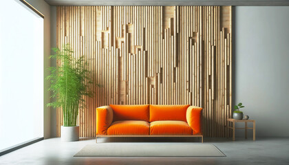 Modern Minimalist Living Room Interior with Elegant velvet orange Sofa and Decorative Vases with bamboo plant and with wooden bamboo panel wall. Japandi interior. Generative AI